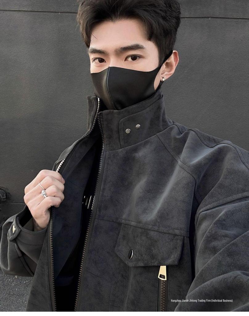 SWAMP AREA Matte Velvety PU Leather Men's Retro American Workwear Jacket - Autumn/Winter Style