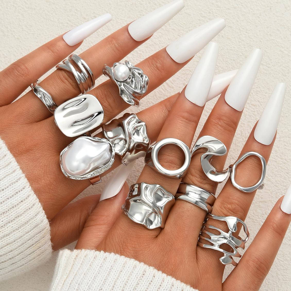 

12Pcs/Set Silver Color Elegant Imitation Pearl Asymmetrical Geometric Liquid Design Chunky Metal Rings Set For Women Jewelry