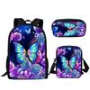 Hip Hop Youthful Purple Butterfly Moon 3D Print 3pcs/Set Student Travel bags Laptop Daypack Backpack Shoulder Bag Pencil Case
