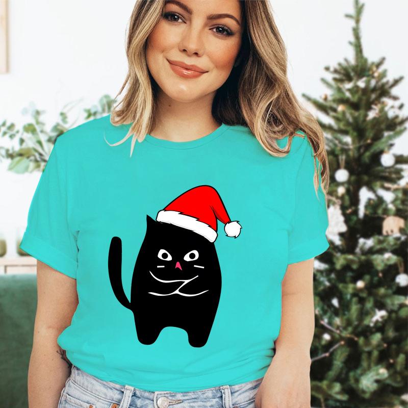 Christmas Black Santa Cat Trend Style Short Sleeve Tshirt Womens Christmas Gift Cute Animals Lovers Cartoon Classic Tshirts