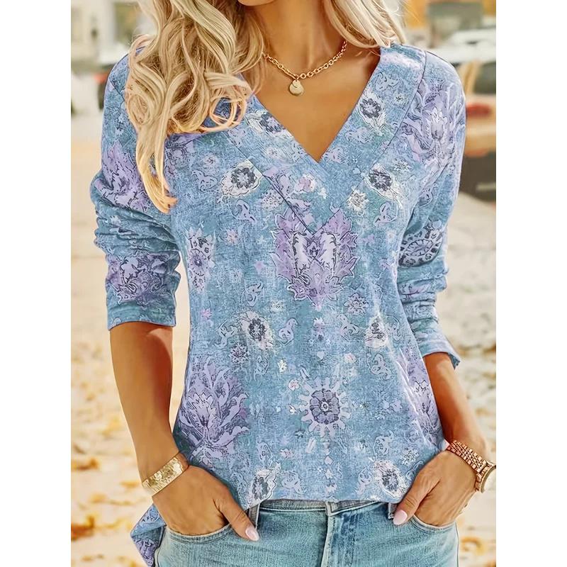 Plus Size Boho Top Women's Plus Floral Print Long Sleeve T-Shirt Casual V Neck Slight Stretch Top Clothing