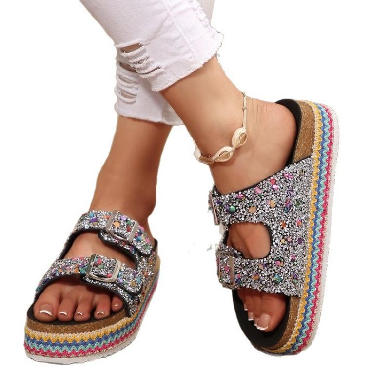 Large Size Platform Sandals Double Buckle Plus Diamond Hemp Rope Wind Beach Shoes Platform Heightening Muffin Shoes