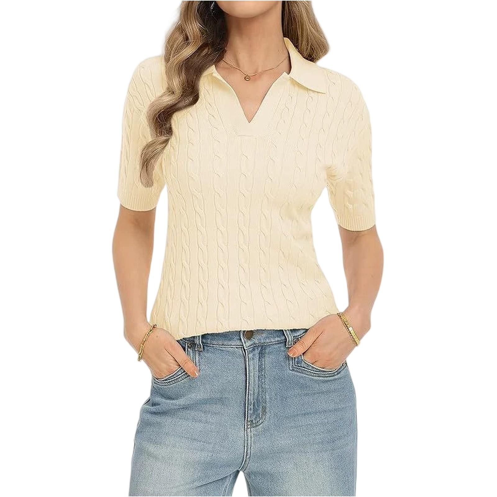 Women s Cable Knit V Neck Short Sleeve Sweater Top Collared Pullover Lightweight Soft Knitwear L бежевый