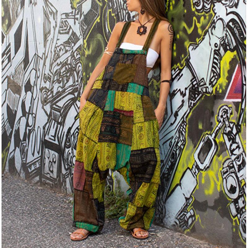 

Women s Hippie Ethnic Print Sleeveless Loose Harem Pocket Overalls Clothes Sale S зелёный