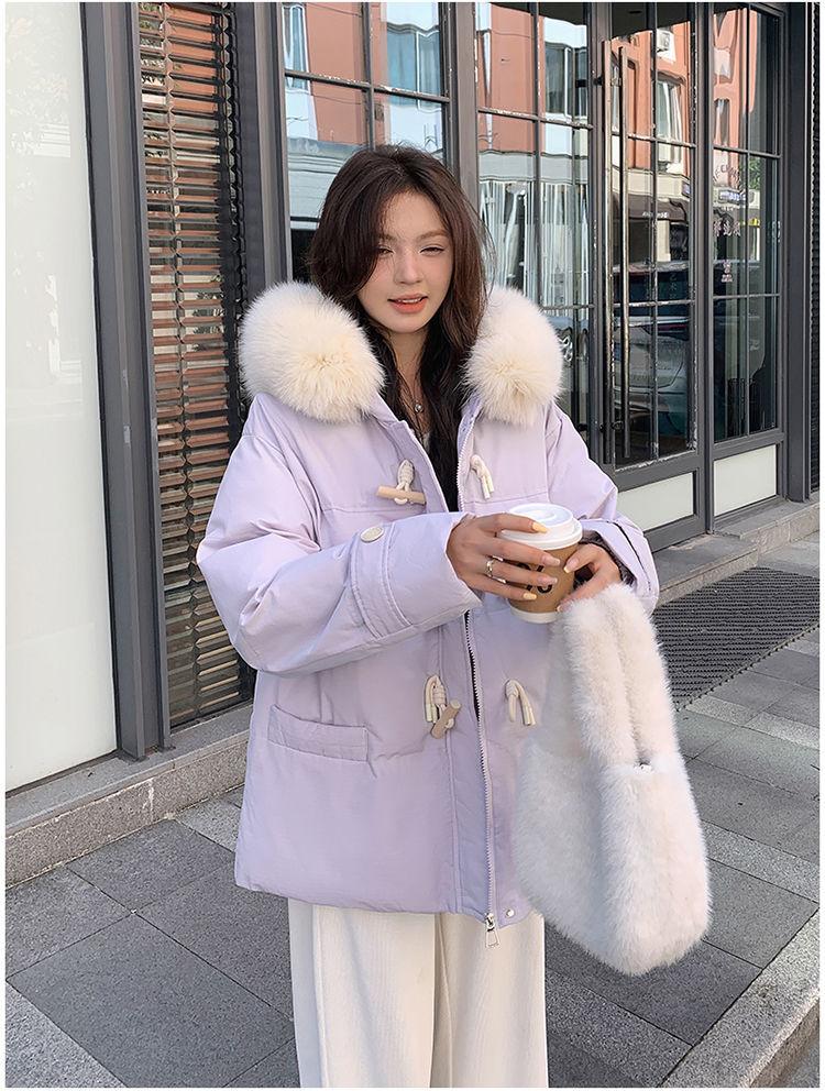 Women's Autumn and Winter Coat Solid Color Horn Button Hooded Fur Collar Loose Thickened Windproof Women's Jacket