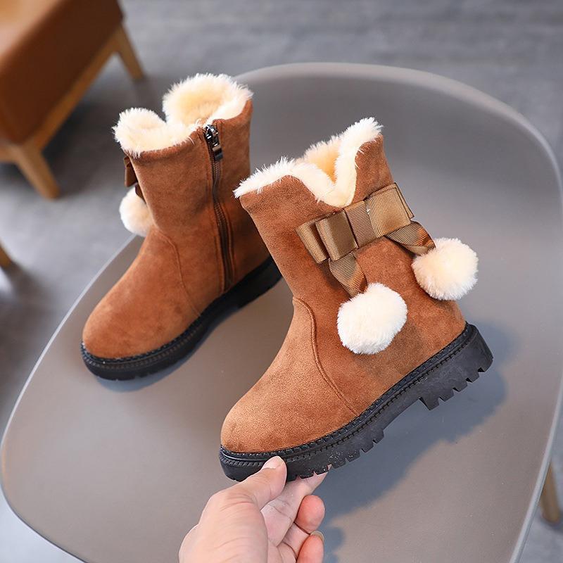 Cozy Cute Girls Winter Snow Boots Plush Pom Pom Warm Fleece Lined Mid Calf Zip Up Rubber Sole Brown Red Black Youngsters
