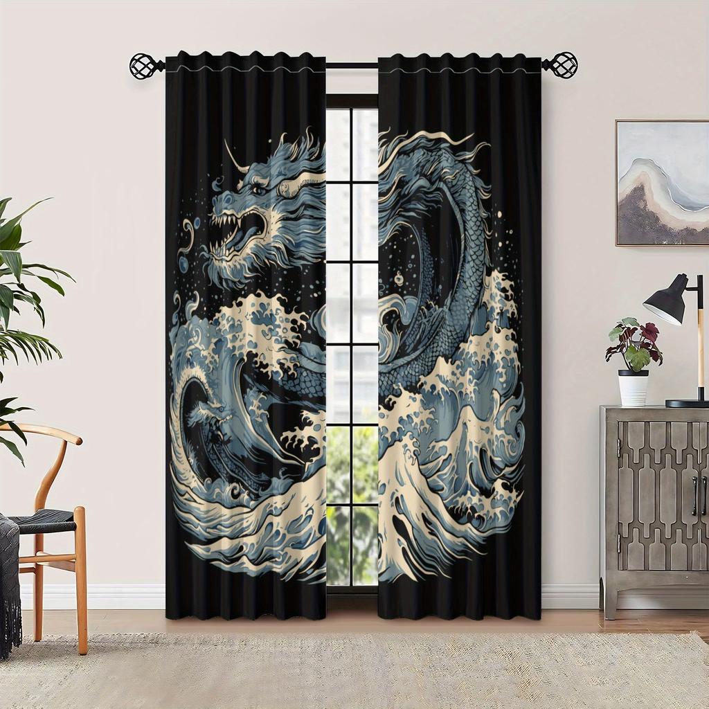 2pcs Dragon Design Blackout Curtains Polyester Retro Japanese-Inspired Dragon & Wave Art, Grommet Top for Easy Hanging