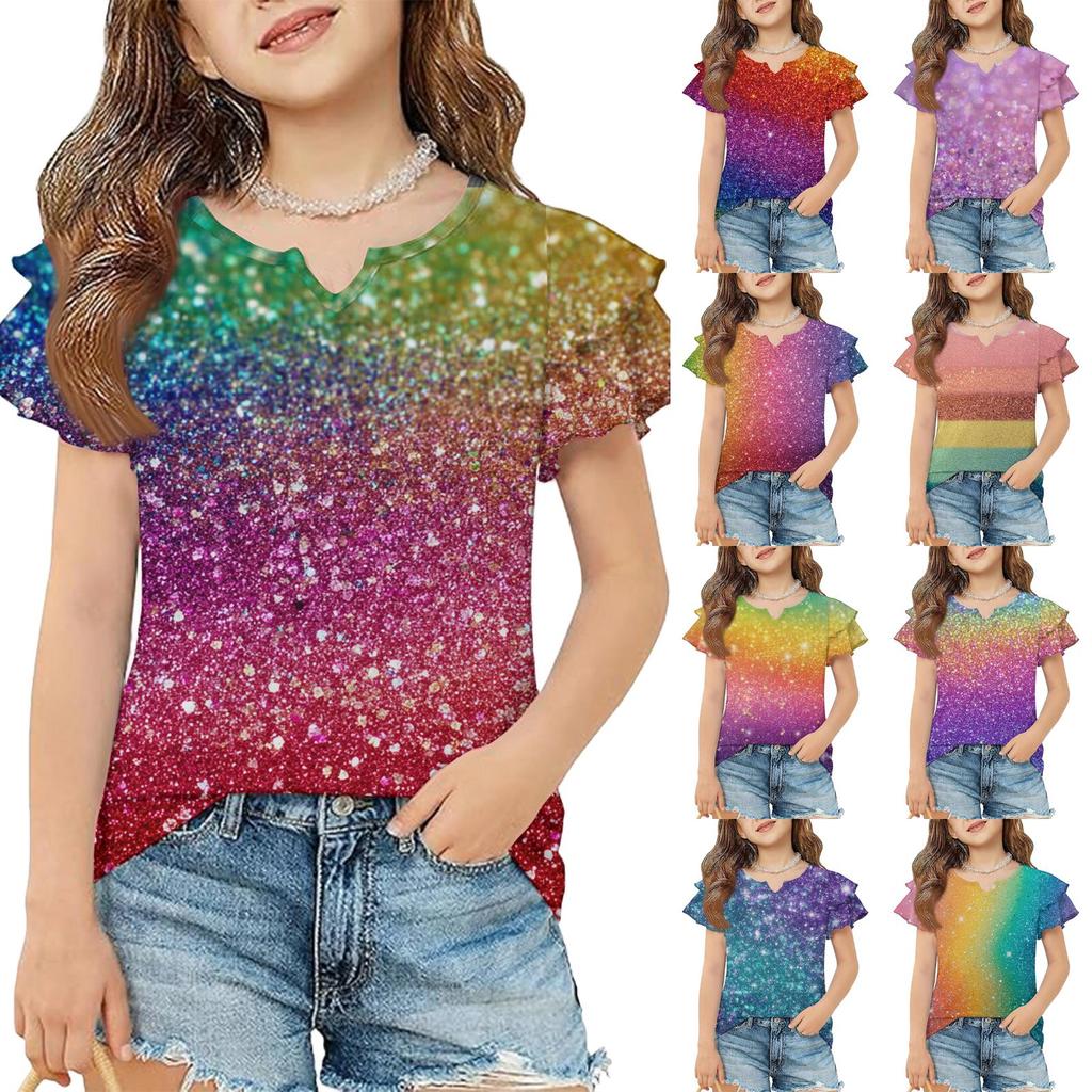 Girls V Neck Short Sleeve T Shirt Casual Top with Ruffle Sleeve and Sequin Print Lightweight Summer Blouse for Kids