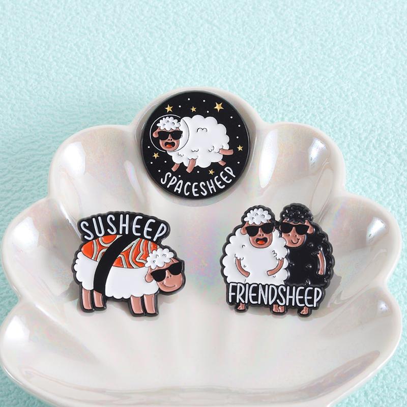 Cartoon Fluffy Sheep Enamel Pin Funny Pun Friendsheep Astronaut Spacesheep Susheep Brooch Lapel Badge Jewelry Gifts for Friends