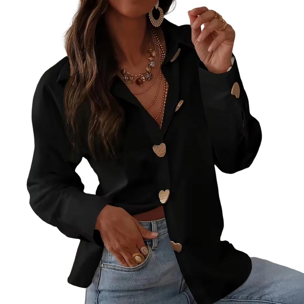 Women's Elegant And Versatile Heart-patterned Single-breasted Long-sleeved Shirt/blouse.