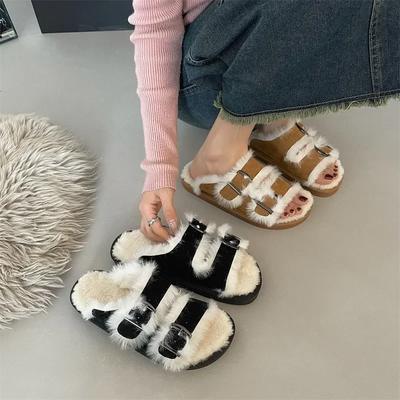 Damen Hausschuhe Herbst Winter Faux Wildleder Plüsch Hausschuhe Klassische Gürtelschnalle Pantoletten Mode Outdoor Weiche Lässige Hausschuhe
