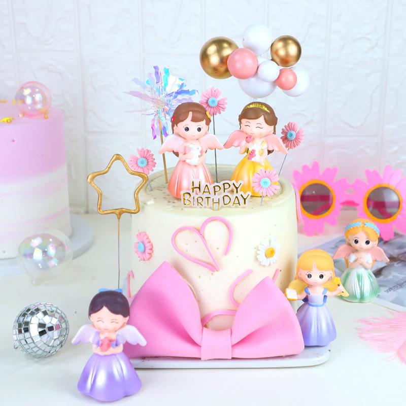 Fairy Princess Birthday Cake Decor: Gold Balls, Clouds & Colorful Wings Resin Ornaments