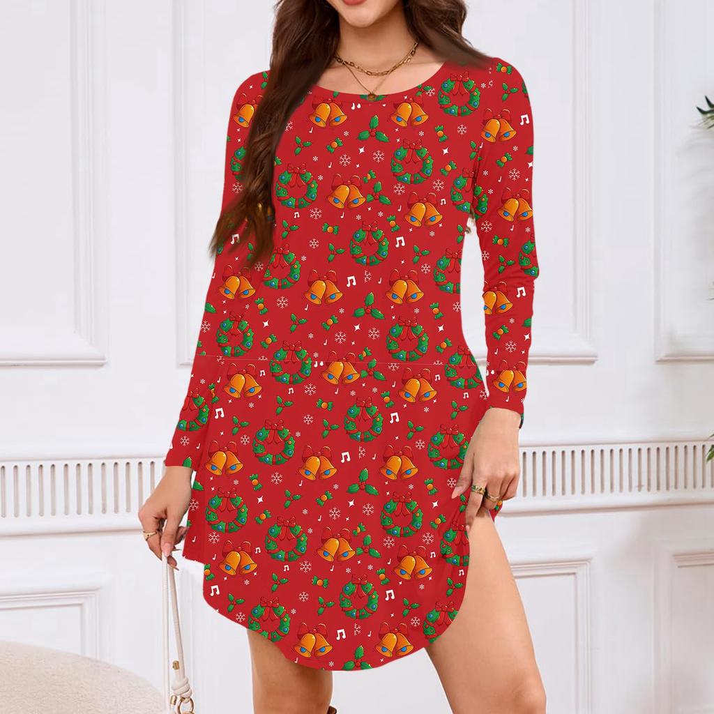 Women's Long-sleeved T-shirt Dress With Round Neck, Knee-length, Loose Fit, Casual And Pockets