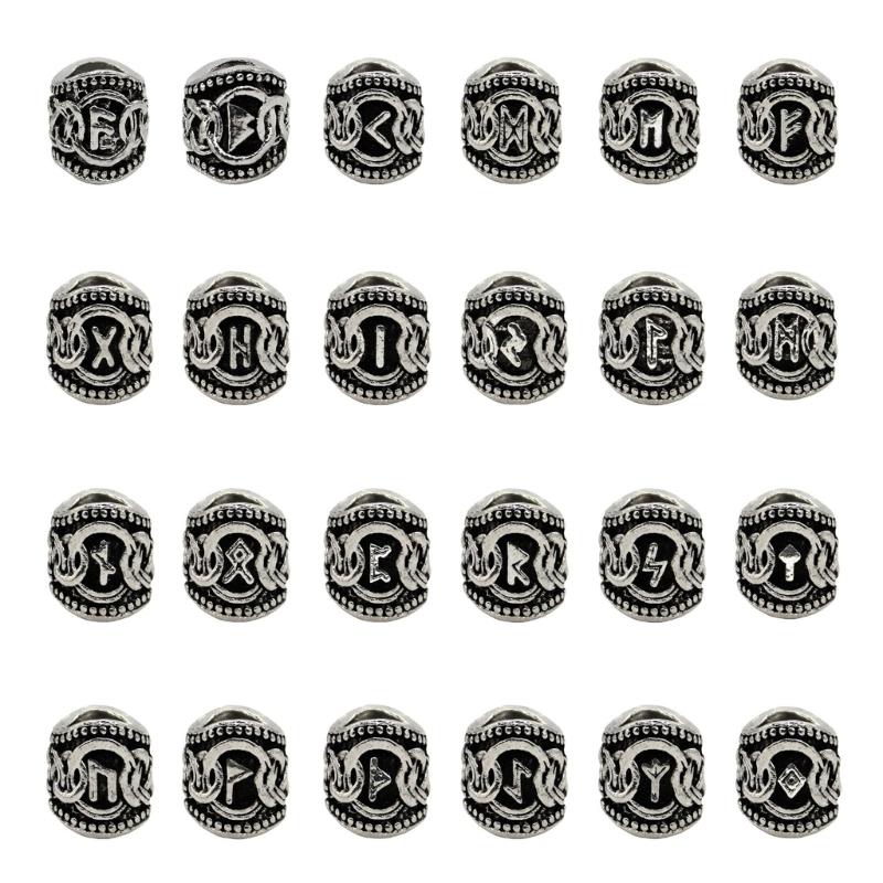 24x Wikinger-Runen-Alphabet-Zeichenperlen Bartperle für Männer Lose Abstandshalterperle DIY Schmuck Haarteil Schmutziges Zopfornament