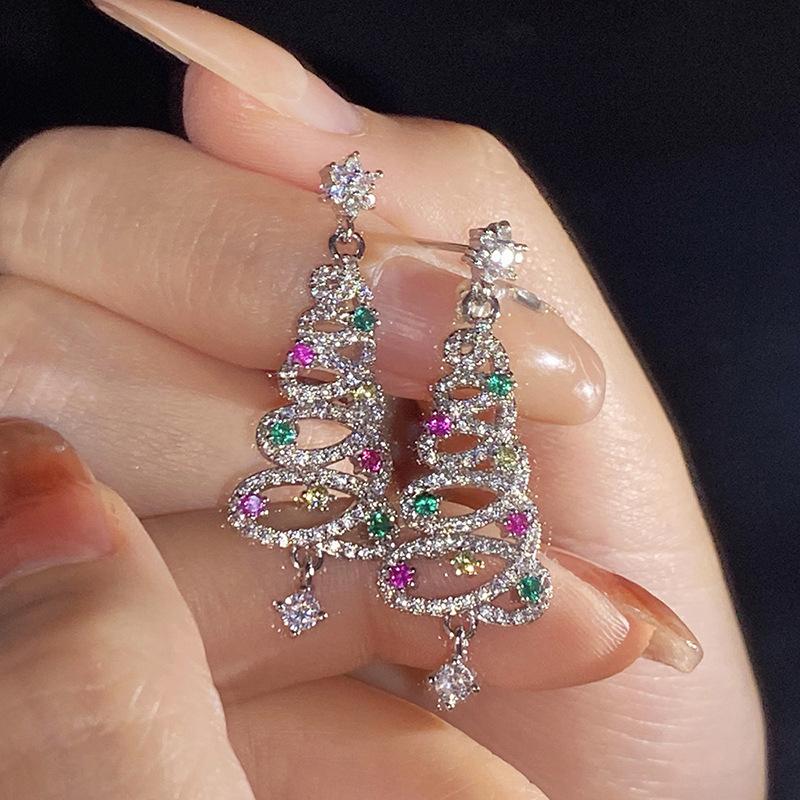 Christmas tree spiral line earrings female, flash inlaid zircon jewelry, star pendant