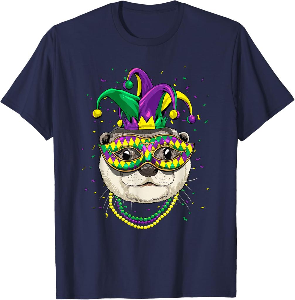 Mardi Gras Otter  Mask Beads Graphic Print Cotton Casual T-Shirt for Men