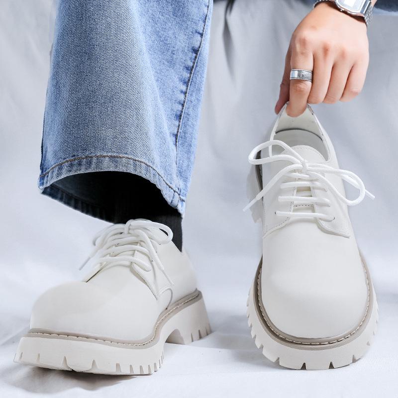 Retro derby boty na silné platformě pro zvýšení výšky pánské podzimní boty s velkou špičkou pracovní boty nízké velké žluté boty s kulatou špičkou kožené boty 1035-M