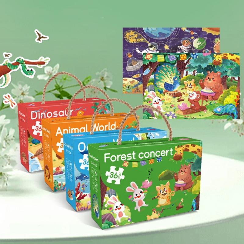 Childrens Paper Puzzle Set 36 Pieces Animal Theme Educational Learning Toy Carry Handle Case Gift for Kids 3 to 6 Years