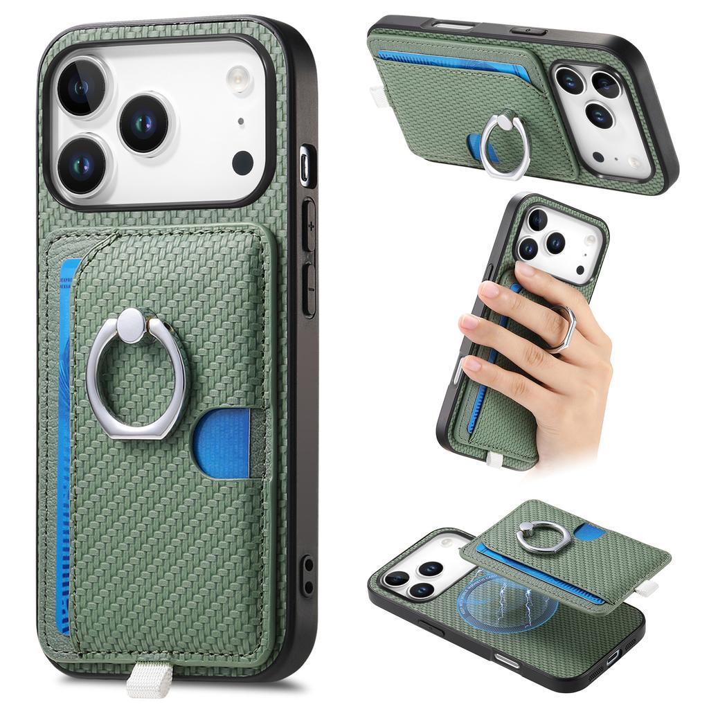 For iPhone 17 Pro Case Ring Kickstand Leather Back Cover with Magnetic Detachable Card Holder