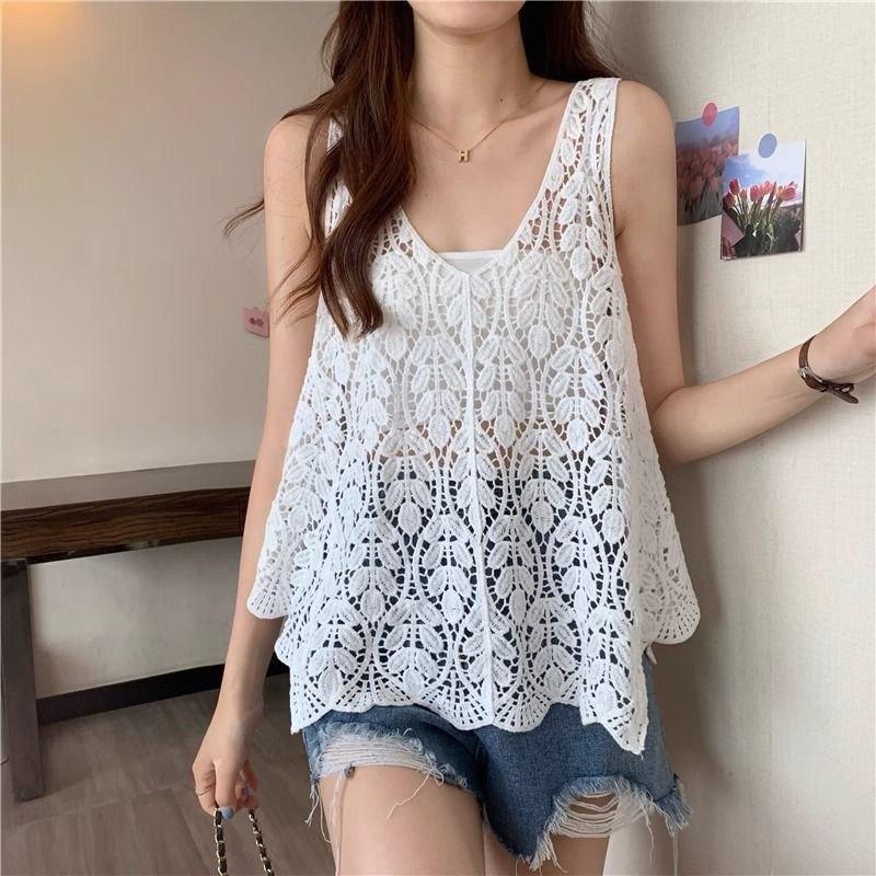 Crochet Lace Tank Top Women Leaf Embroidery Hollow-out Sleeveless Knit Top Cover-up Vacation Bohemian Summer