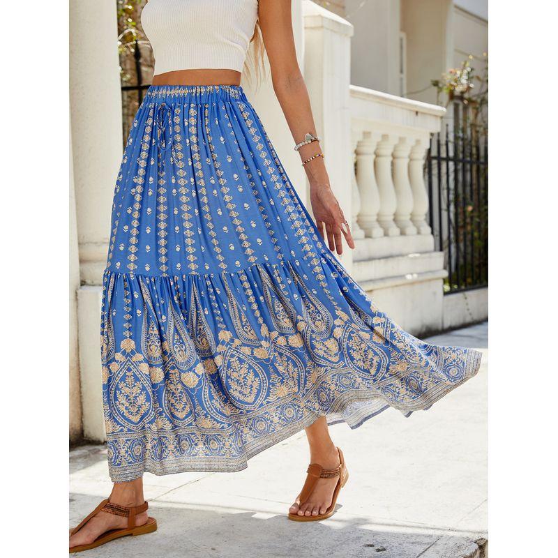 

Printed Elastic Waist Loose Pleated Skirt Print Elastic Waist Pleated Skirt Female Blue XL