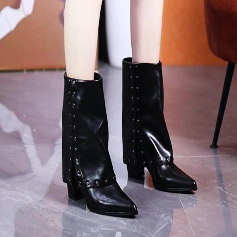 Fashion Fashion Studded Mid-leg Boots Autumn New Pointed Toe Sleeve Non-slip Wear-resistant Block Heel Single Shoes