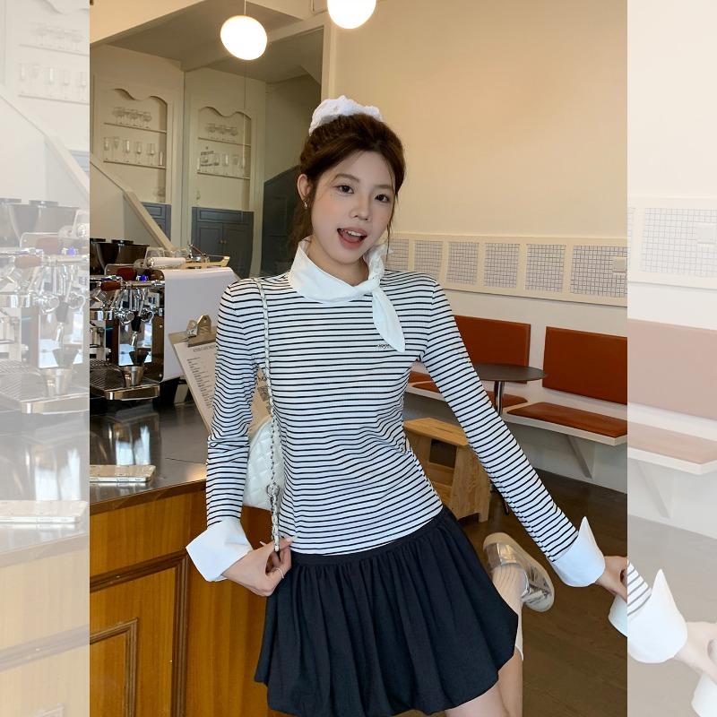 Striped Fake Two-piece Long-sleeved T-shirt for Women In Early Autumn with Bow Tie Inside Base Layer Top