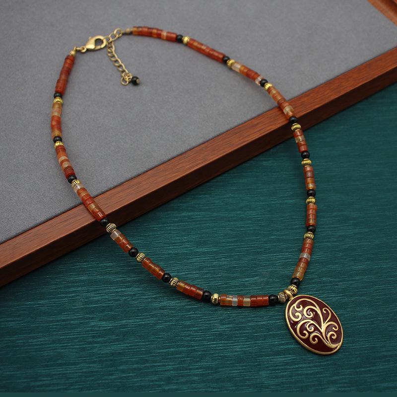 Retro Enamel Glaze Clavicle Necklace with Agate Beads