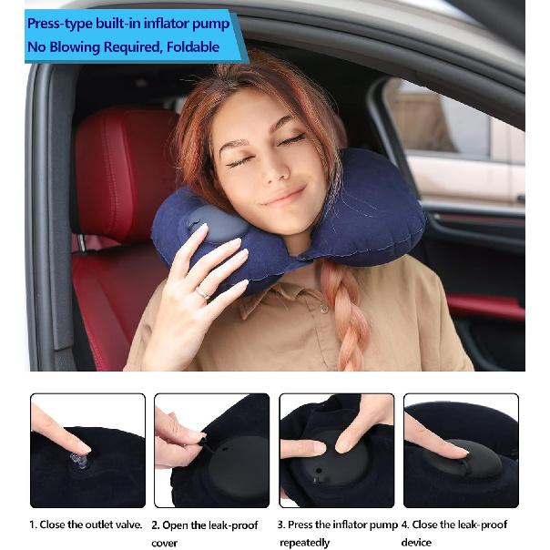 Travel Blanket and Pillow Set - Portable Inflatable Travel Neck Pillow and Premium Soft Airplane Blanket with Built-in Soft Bag, Neck Snaps, Zippered