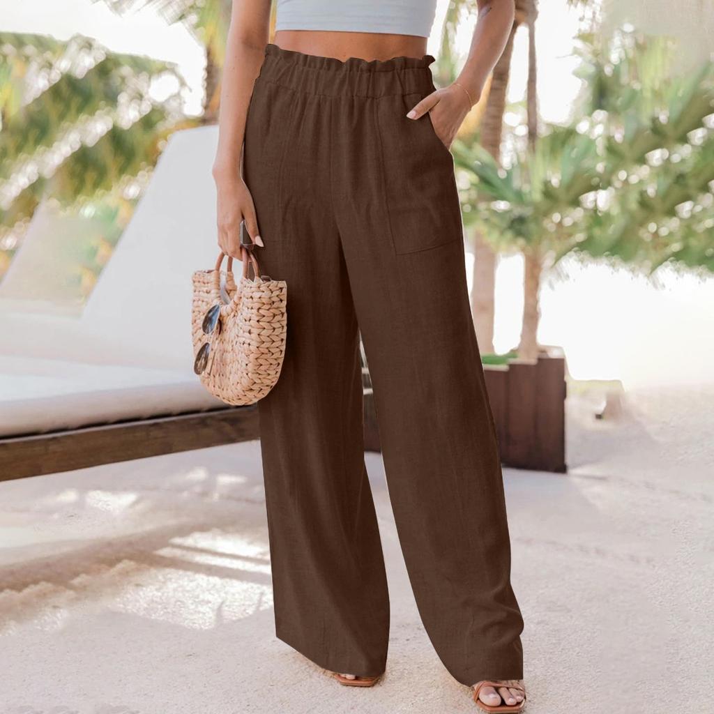 Ladies Fashion Color Straight Leg Cotton Linen Loose Wide Leg Pants