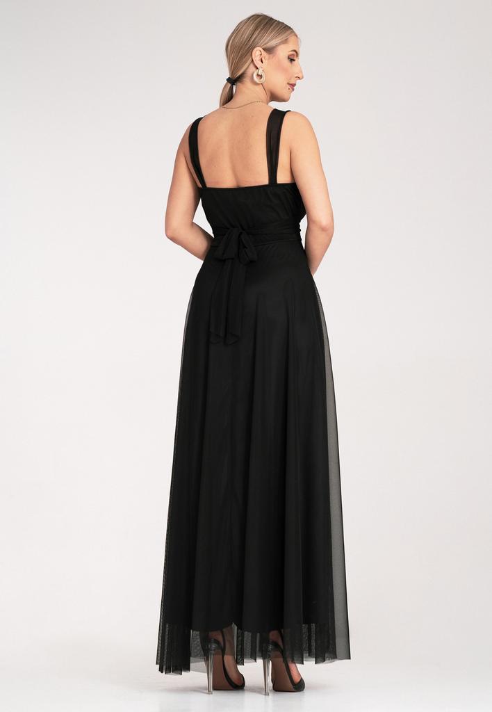 Elegancka Sukienka Wieczorowa - Sukienka Z Wiązaniem Z Tyłu - Czarna Sukienka Maxi M1171 R. S/M