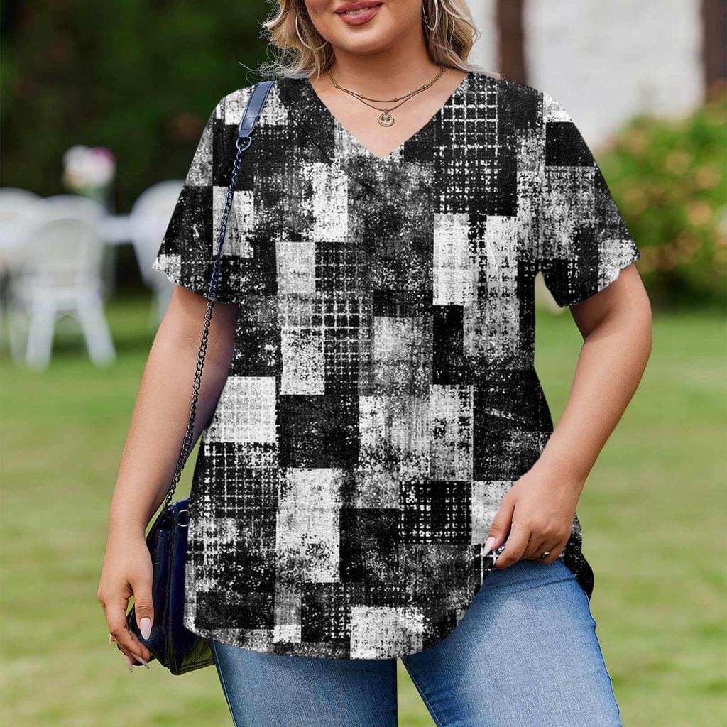 Women's Plus Size Fashionable Casual Loose-Fit Short Sleeve Elegant V Neck Blouse For Work
