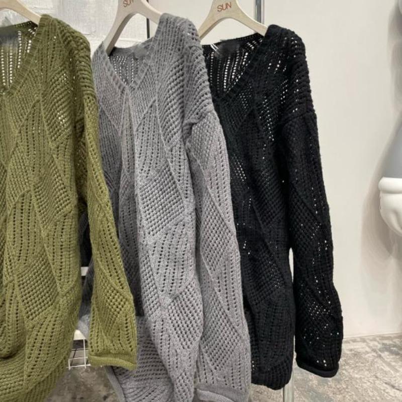 Mid-length Hollow Collar Twist Sweater Fashionable Rhombus Large Size Loose and Versatile Jacket