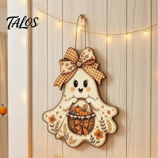 Outdoor Fall Entryway Sign Cute Bow Ghost Hanging Sign, Rustic Retro Floral Door with Pumpkin Harvest Wall Art Basket, Vintage Halloween Wooden