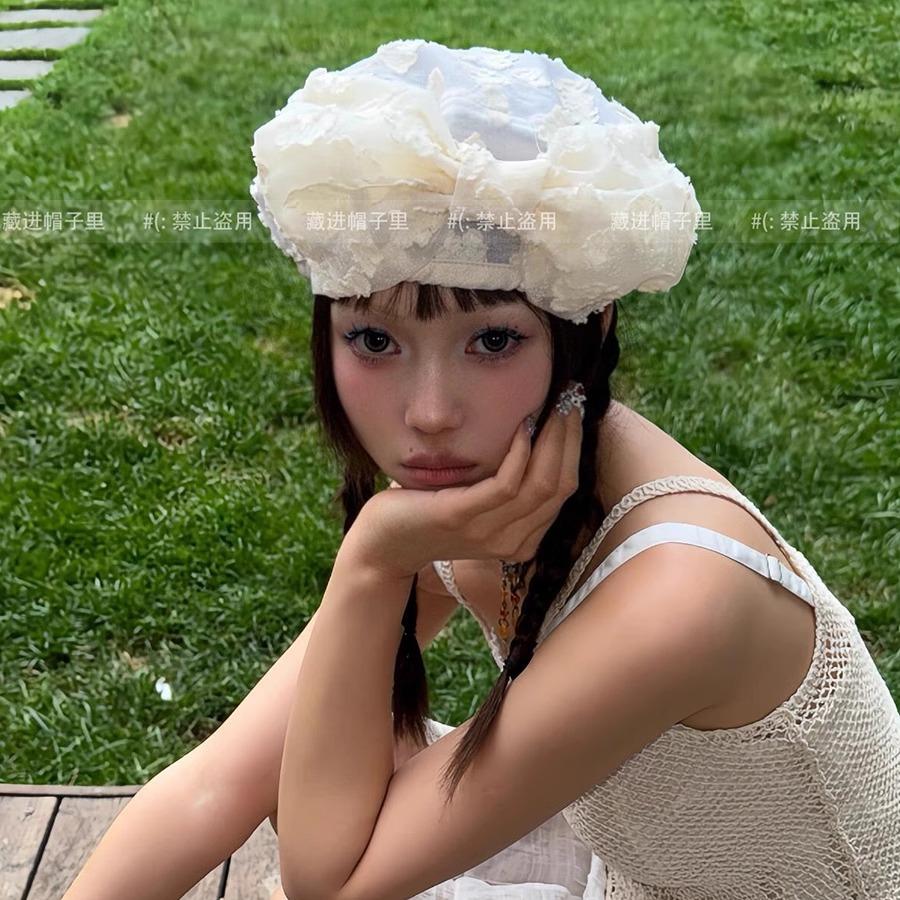 Korean Ins Blogger Sweet Lace Flower Headscarf Hat Bow Beret Niche Face Small Painter Hat