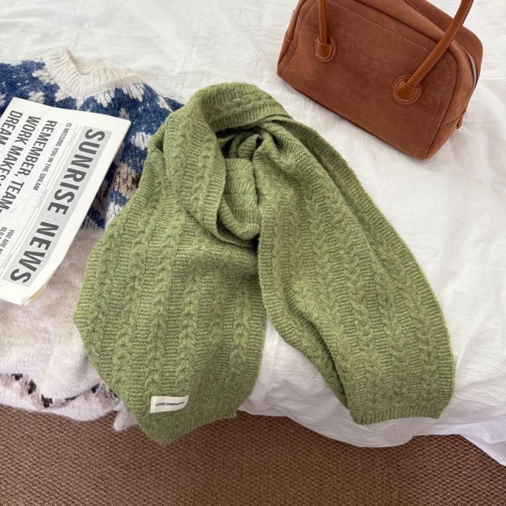 New Wool Blend Knitted Cable Scarf Thicken Solid Color Women Long Scarf Windproof Neck Cover Thermal Neck Warmer зелёный