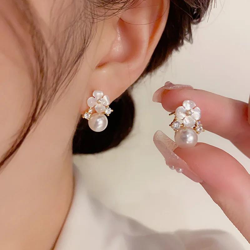 Summer Gold Plated 925 Silver Needle Earring Forest Style Sweet Flower Pearl Stud Earrings For Women Jewelry Valentine Day gifts