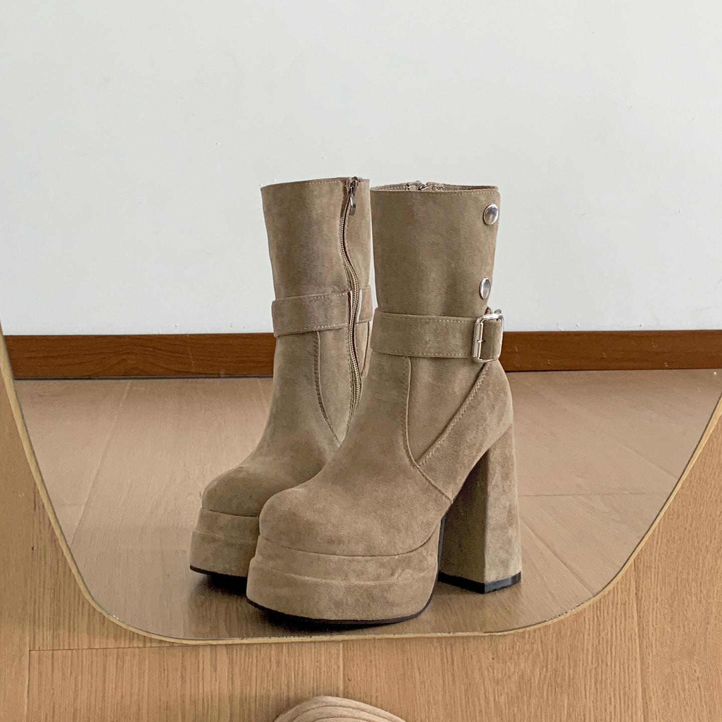 

Khaki French versatile thick high-heeled short boots women s 2025 new autumn small man height-increasing and thin retro boots 40 хаки