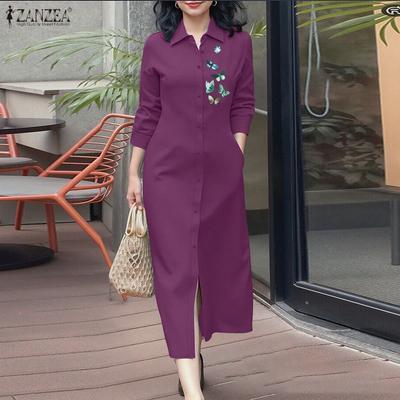 Women Casual Turn Down Collar 3/4 Sleeve Loose Print Dress