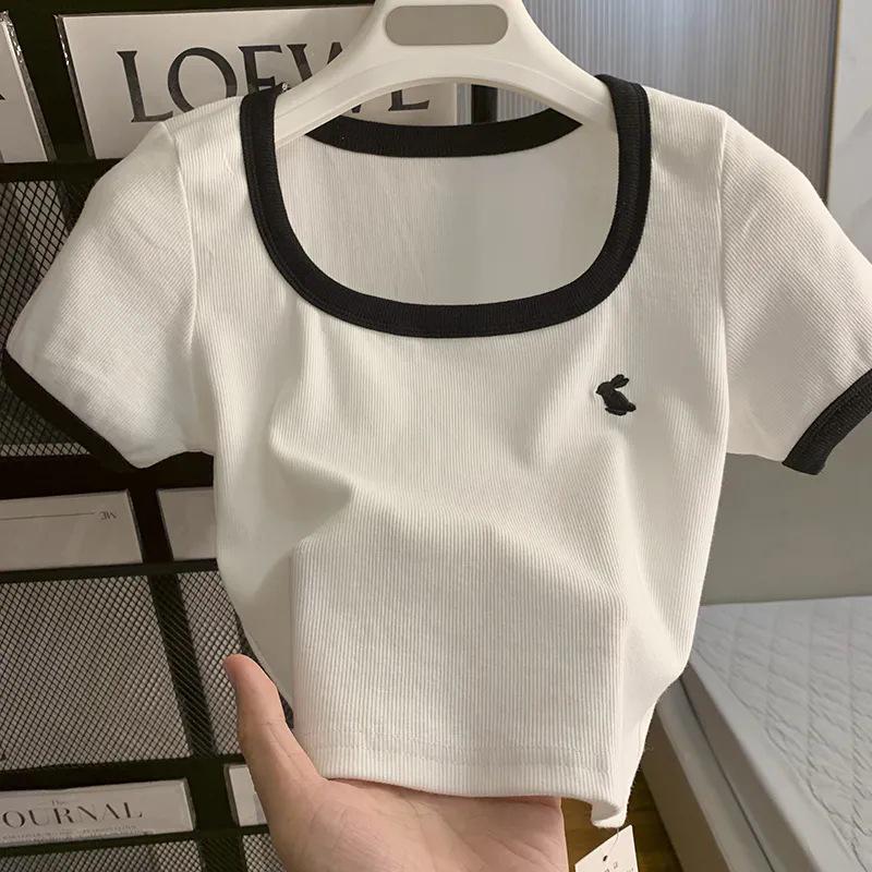 Women's Summer Retro Contrast Short-Sleeve T-Shirt with Square Embroidered Neckline and Slim Fit