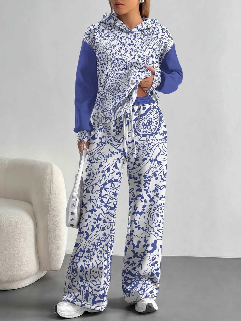 Retro Pattern Splicing European and American Autumn and Winter 1116 Casual Long-sleeved Suit Women's Hooded Sweater Trousers Cover