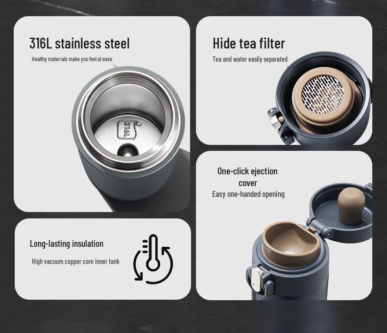 Supor 316L Stainless Steel Thermal Mug - Large Capacity, One-Button Open/Close, Portable for Students, Cars, Outdoors.