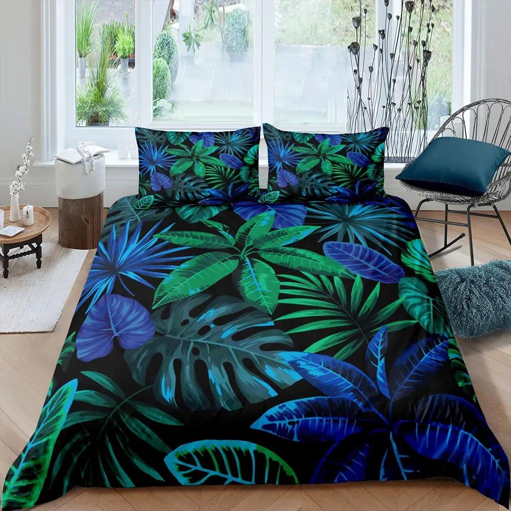 Palm Leaves Duvet Cover King Full Banana Leaves Bedding Set Hawaiian Tropical Leaves Green Branches 2/3Pcs Polyester Quilt Cover