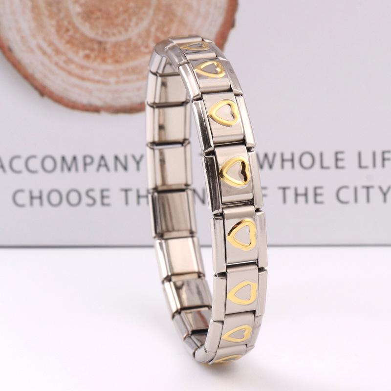 Italian Stainless Steel Love Heart & Star Modular Bracelet - Detachable Elastic Watch Band, European & American Fashion.