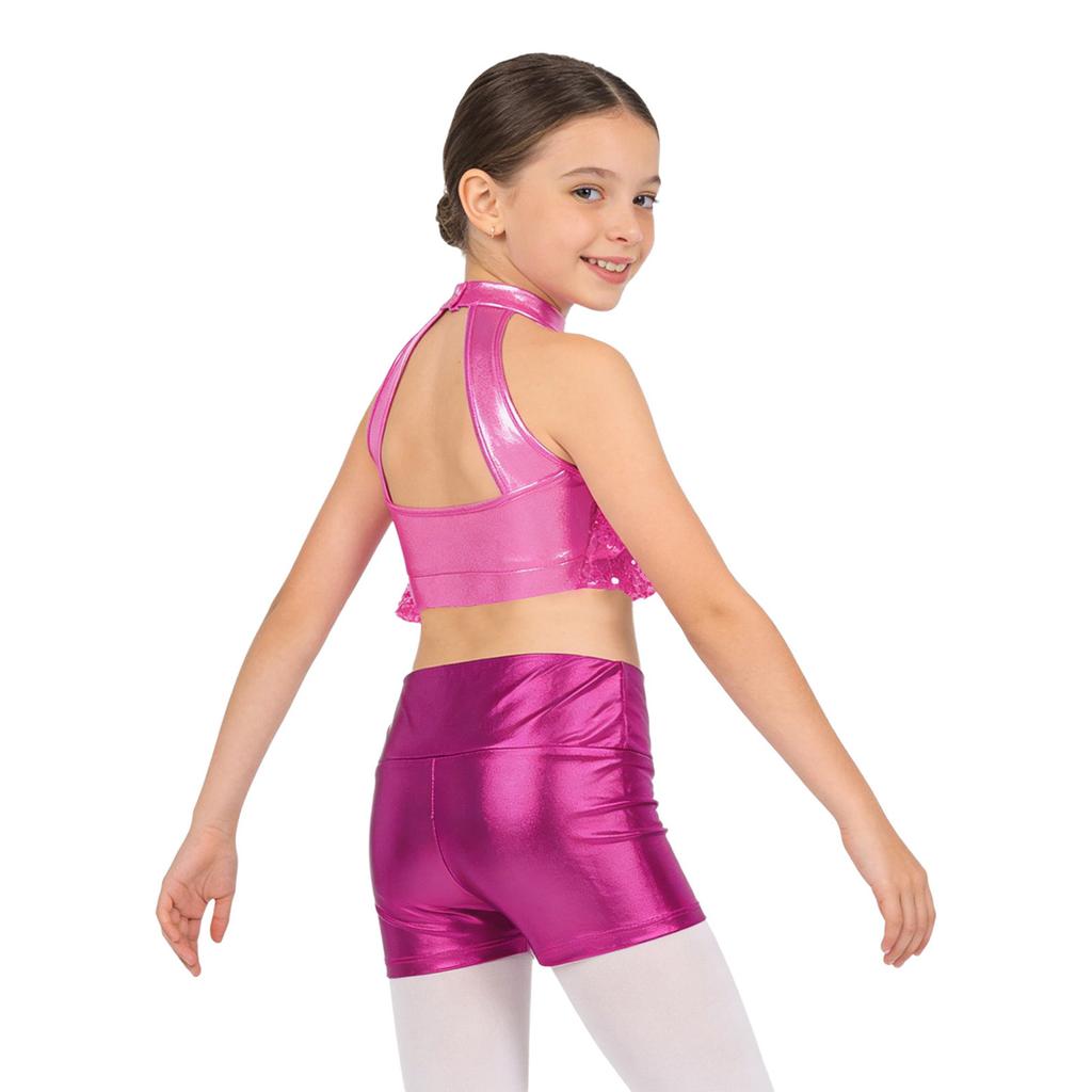 Top Corto da Bambina con Collo Alto Senza Maniche e Paillettes Pantaloncini Stratificati Lucidi Metallici Outfit per Danza sul Palco