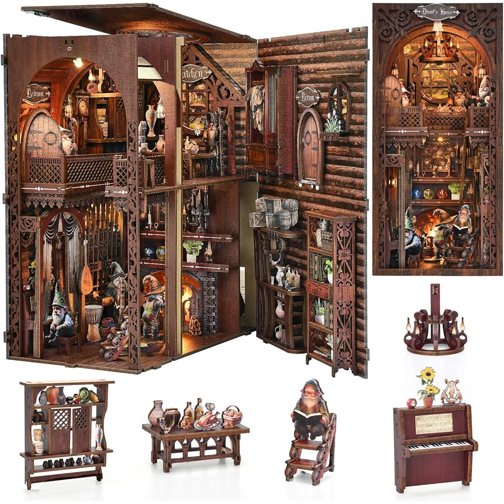 CRESYMME Dollhouse Book Nook Miniature Kit Wooden 3D Puzzle for Adults with LED Light