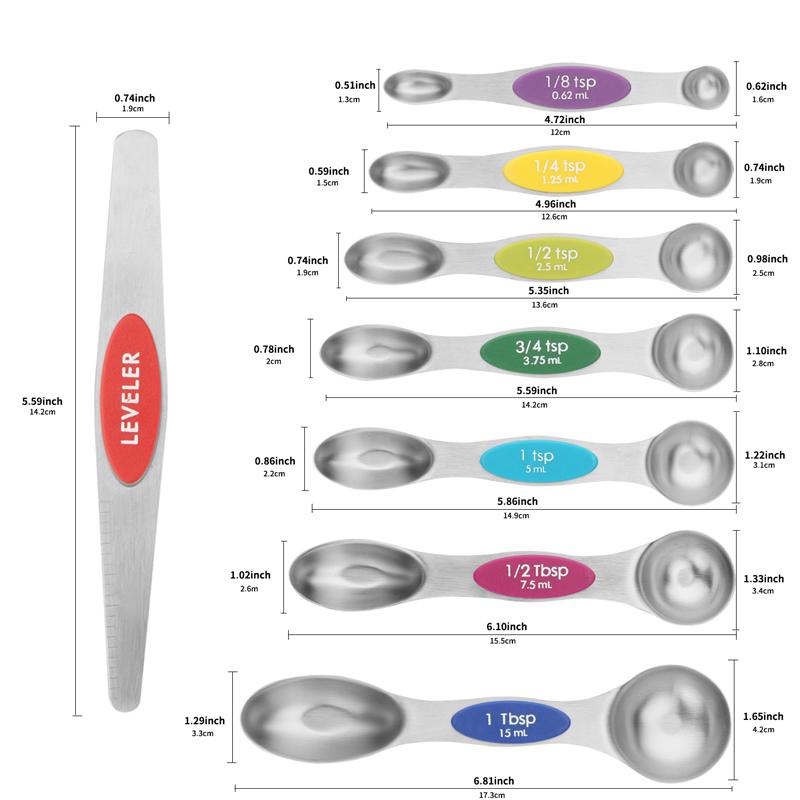 Pack of 8 Dual-Sided Magnetic Measuring Spoons Set with Leveler Stackable Teaspoon and Tablespoon Set for Spice Jar Liquid