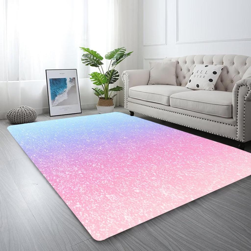 Rosa Blau Farbverlauf Glitzer Teppich, Pastell Funkelndes Pulver Einfaches Uni Muster, Rutschfeste Waschbare Matte für Wohnzimmer Sofa Esstisch