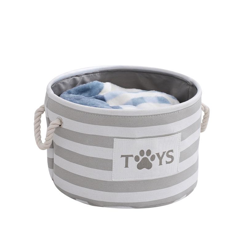 

1pc-A foldable striped pet toy basket and a dog toy storage box with a woven rope handle серый
