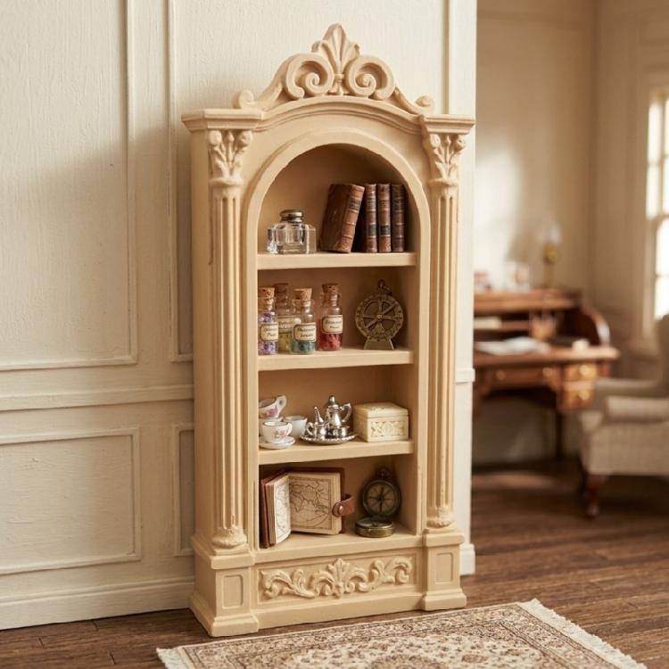 Collectible Display Shelf Miniature for Dollhouses Rooms, Roman Style Resin Bookcase with 3 Level Storage for Tiny Books and Layout Accent Use